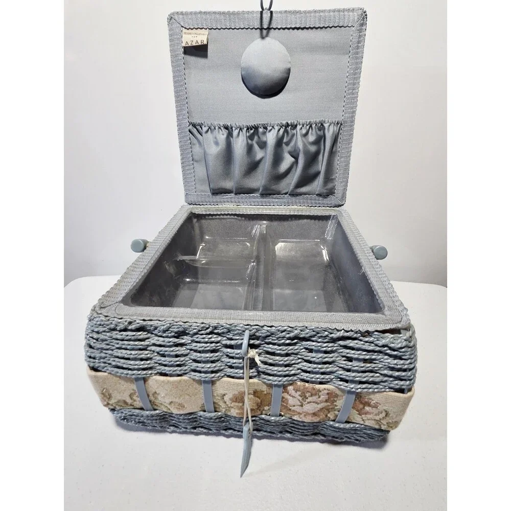 Woven Wicker Floral Tapestry Large Satin Lined Sewing Basket 11.5